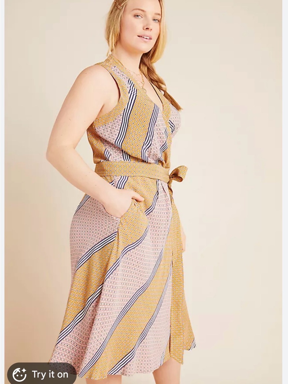 Anthropologie Sleeveless V-Neck Midi Dress in Mustard and Taupe Stripe